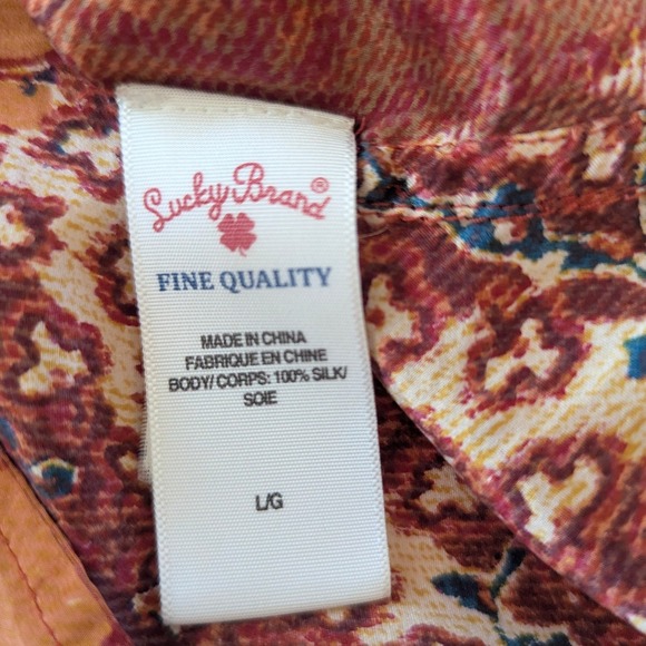 Lucky Brand Button Down Women S Brown Silk Patchwork Print Long Sleeve Blouse - Picture 8 of 11